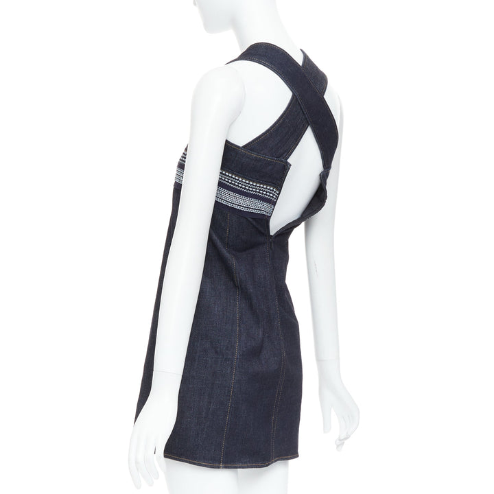 VVB VICTORIA BECKHAM blue denim topstitch cross back dress UK4 XXS