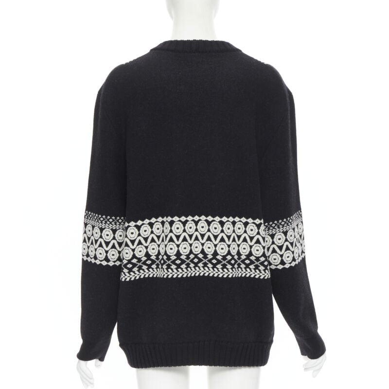 CHLOE 100% wool black white intarsia woven long sleeve sweater pullover XS
