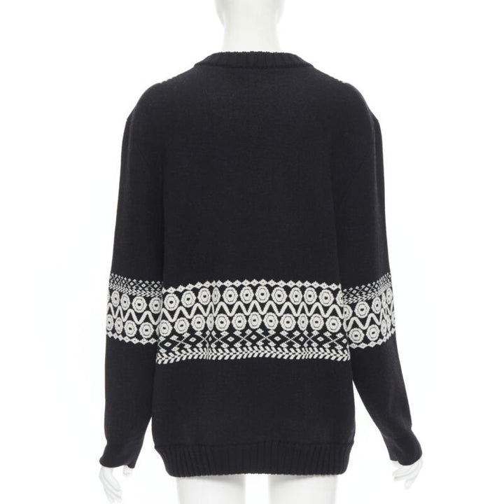 CHLOE 100% wool black white intarsia woven long sleeve sweater pullover XS