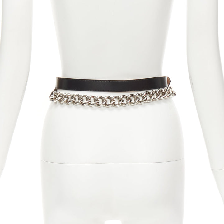 ALEXANDER MCQUEEN black leather silver chunky metal chain wrap belt 70cm
