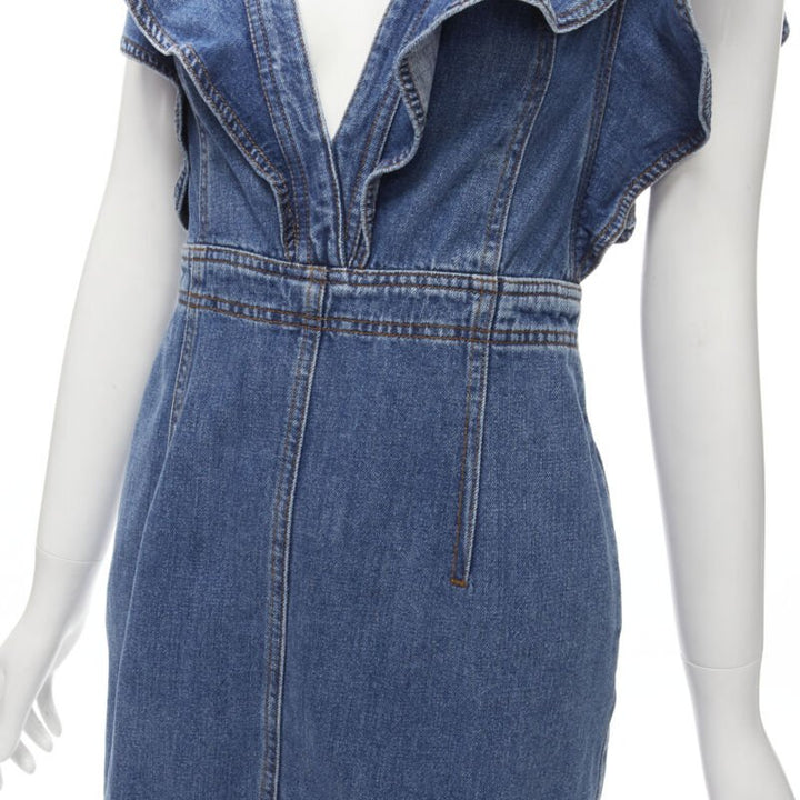 PHILOSOPHY DI LORENZO SERAFINI blue denim ruffled plunge neck dress IT38 XS