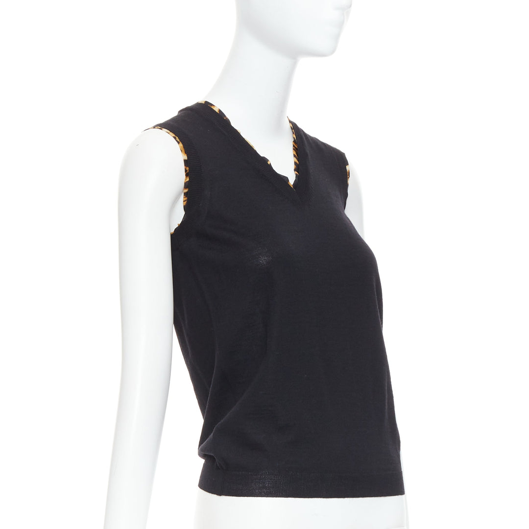 YVES SAINT LAURENT black virgin wool leopard silk trim sweater vest S
