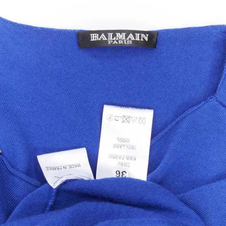 BALMAIN blue wool crystal rhinestone embellished strap asymmetric dress FR36 S