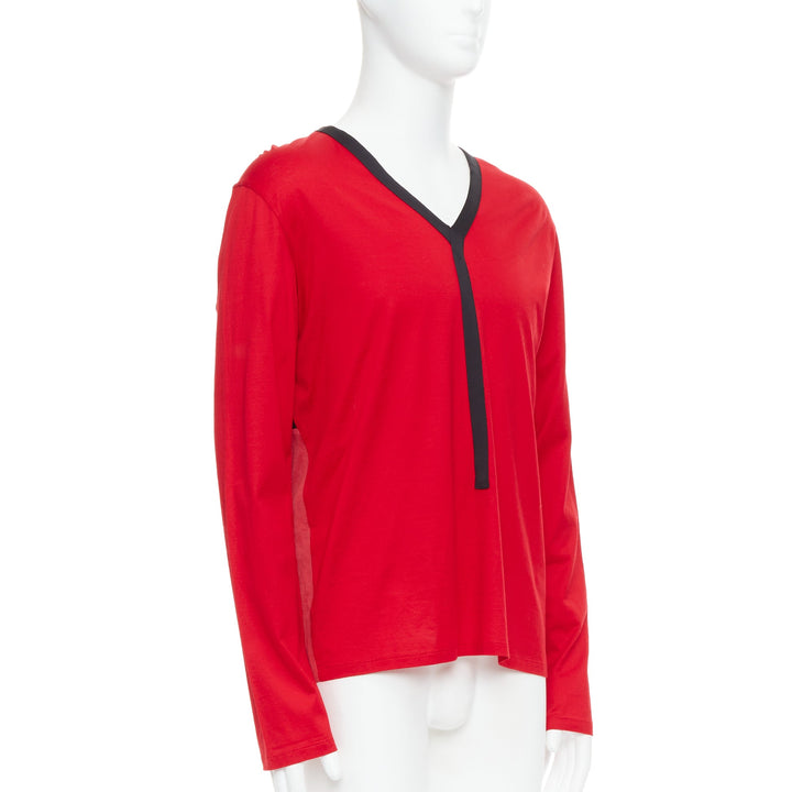 BALENCIAGA 2012 red cotton blend black trim V-neck long sleeve top XL