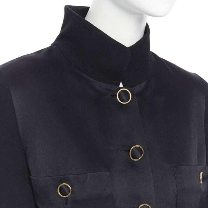 CHANEL black silk satin crepe 4 pockets gold high collar mandarin jacket FR42