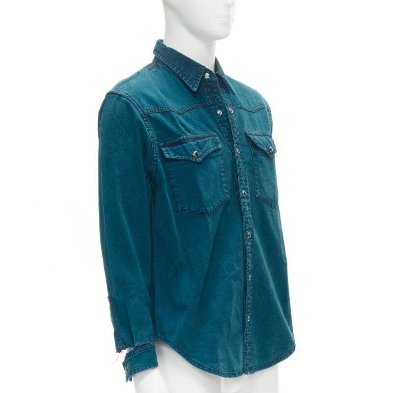 BALENCIAGA 2018 turquoise acid dye washed heavy cotton ripped cuff shirt EU38 S