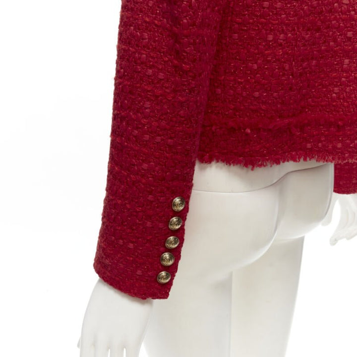 BALMAIN red tweed gold military button 4 pocket power blazer jacket FR34 XS