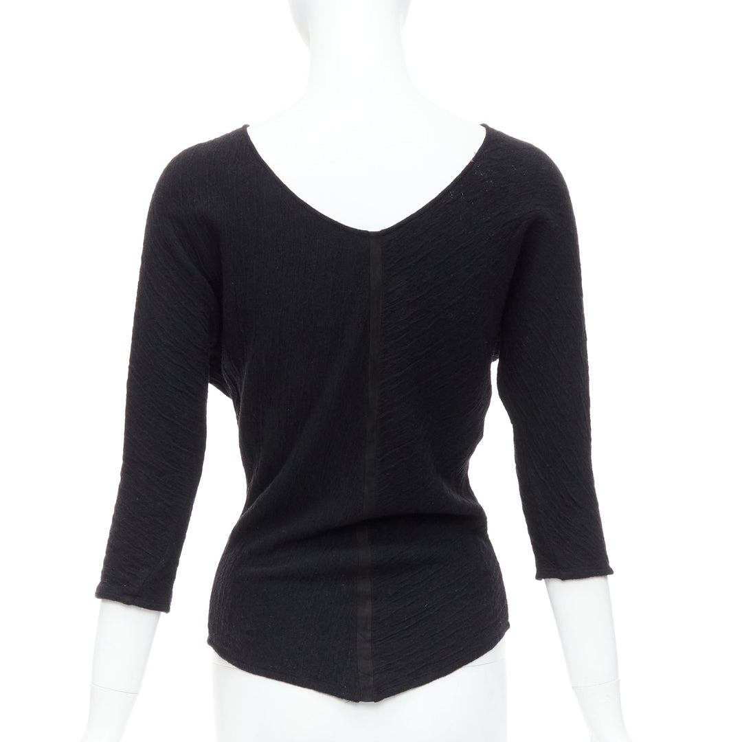 THE ROW black textured bateau neck cropped sleeve pullover top