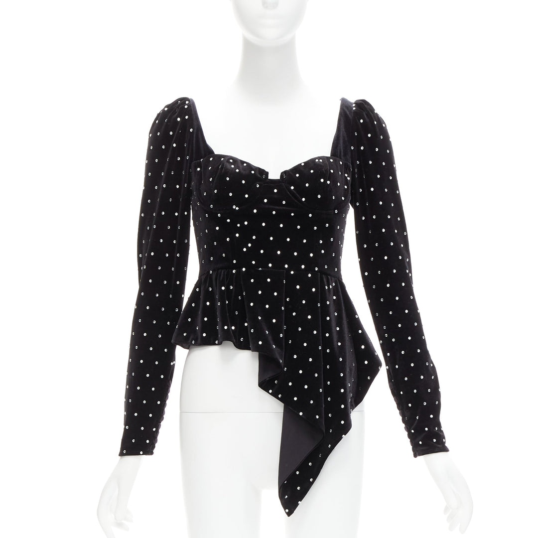 SELF PORTRAIT black silver crystal velvet tie puff sleeve top UK6 XS Jennie
