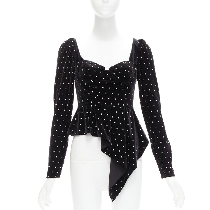 SELF PORTRAIT black silver crystal velvet tie puff sleeve top UK6 XS Jennie