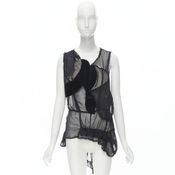 COMME DES GARCONS 2009 black sheer velvet patchwork bumps raw sleeveless vest M