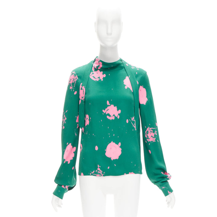 MARNI green pink splatter tie dye print tie neck long sleeve blouse IT38 XS