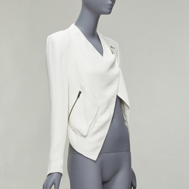 HELMUT LANG white lambskin leather trim asymmetric zip biker jacket US0 XS