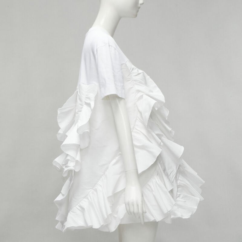 ALEXANDER MCQUEEN 2022 Hybrid white spiral ruffle cotton tshirt dress IT36 XS