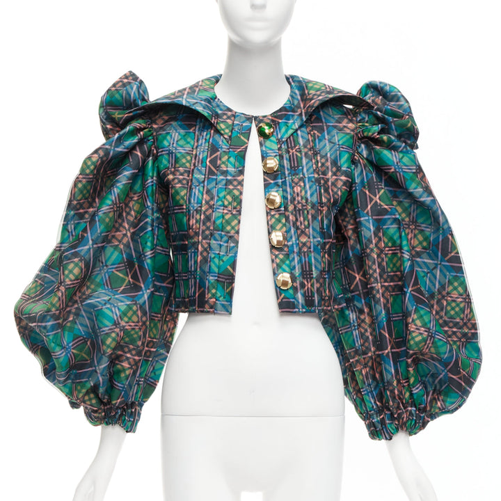 CHOPOVA LOWENA green plaid tartan gold textured button puff sleeve crop shirt S