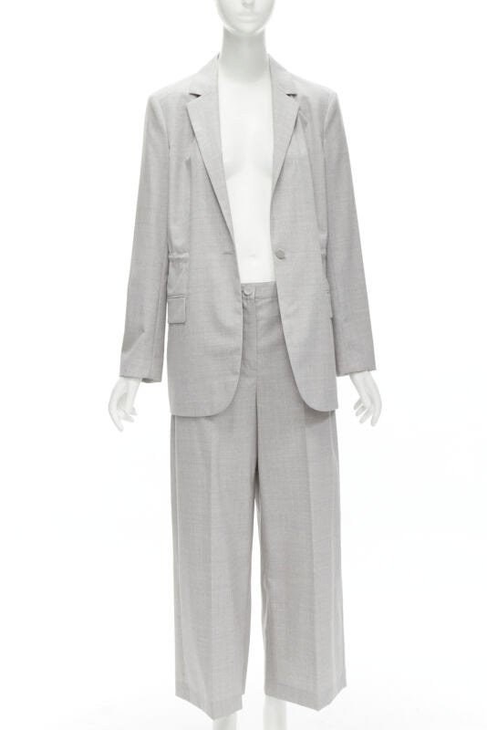 THEORY Drape wool grey drawstring cinched waist blazer wide leg pants set US6 S