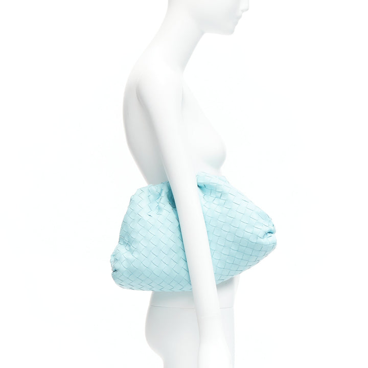 BOTTEGA VENETA The Pouch sky blue Intercciato woven leather magnetic clutch bag