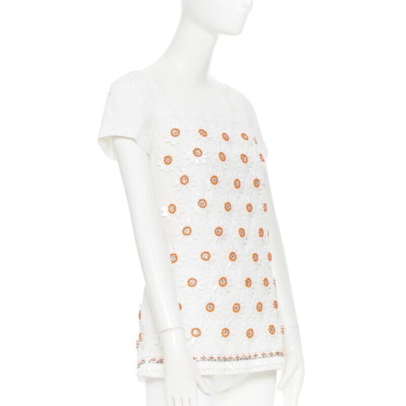 MOSCHINO white cloque cotton orange bead crystal floral embellished top IT38