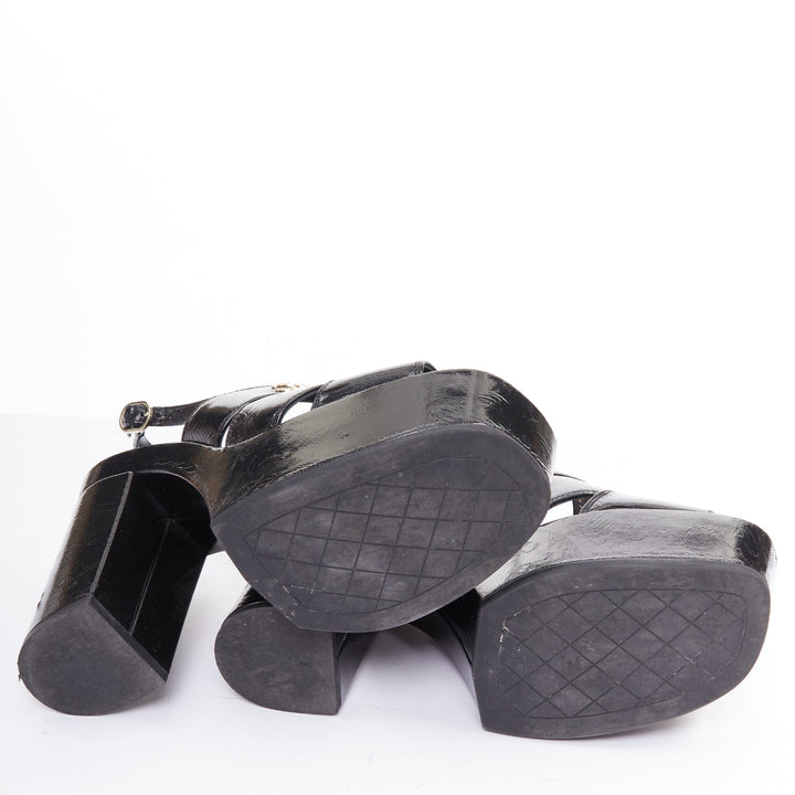 CHANEL 2024 black crumpled leather silver CC logo wedge platform heels EU37.5