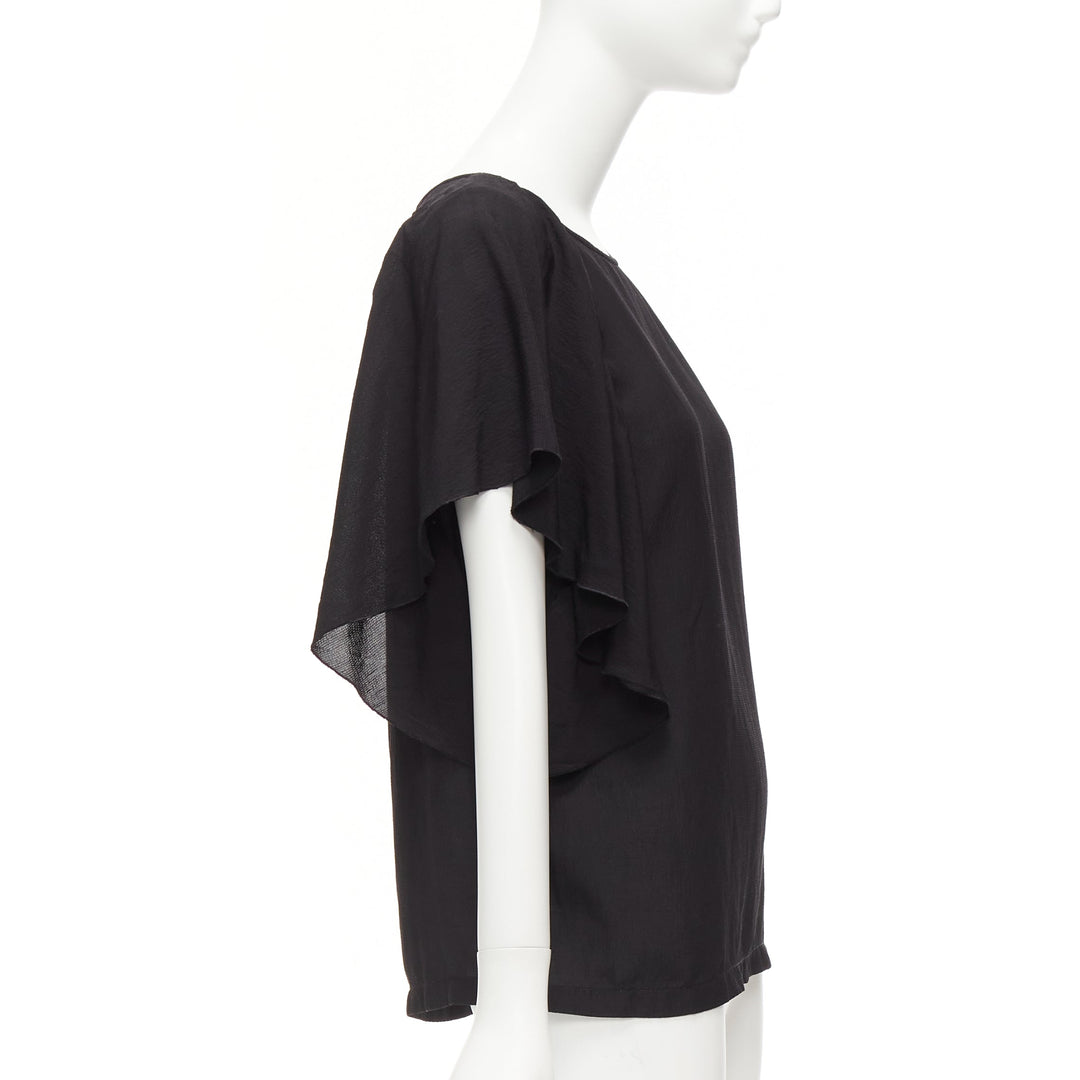 DRIES VAN NOTEN black viscose linen asymmetric flutter sleeve blouse top FR40 L