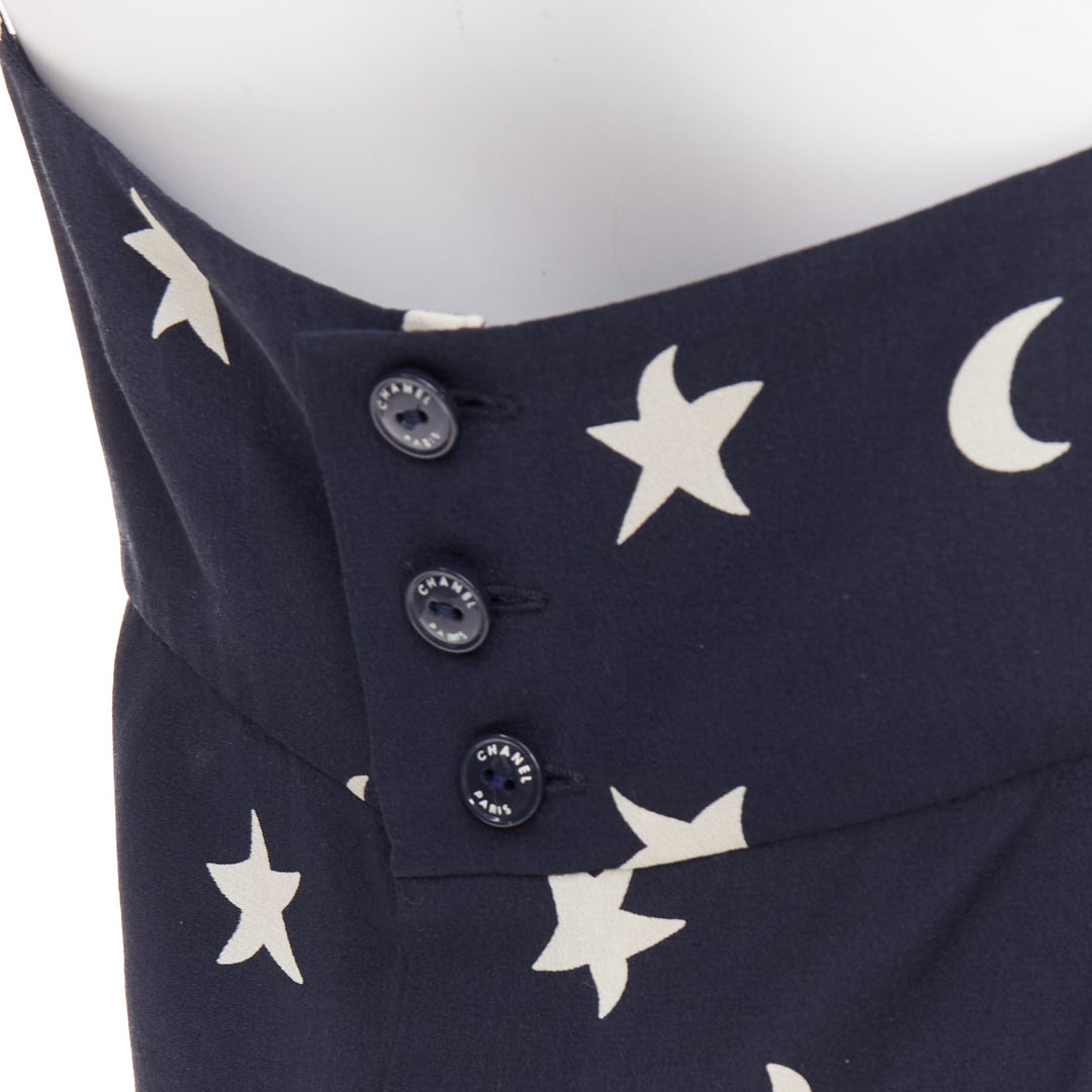 CHANEL 2008 navy off white 100% silk CC logo moon star bow camisole FR36 S