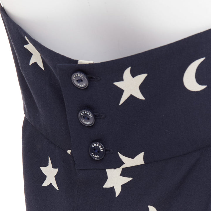 CHANEL 2008 navy off white 100% silk CC logo moon star bow camisole FR36 S
