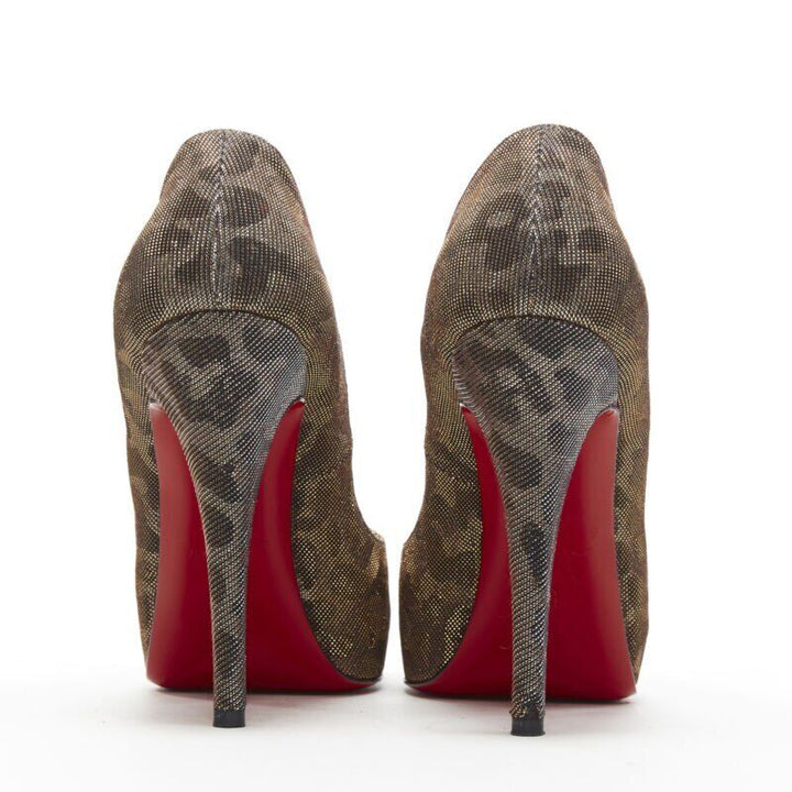 CHRISTIAN LOUBOUTIN gold lurex metallic leopard print peep toe platform EU36.5