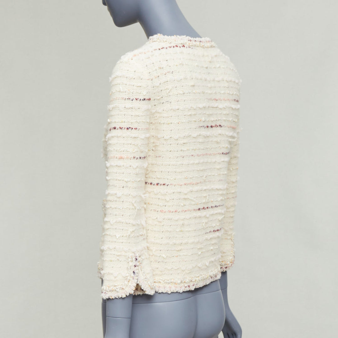 CHANEL 05A cream pink wool boucle tweed gold CC buttons cardigan FR38 M