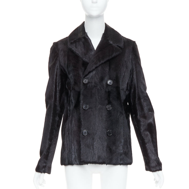 SAINT LAURENT 2017 black goat fur double breasted coat jacket FR44 2XL