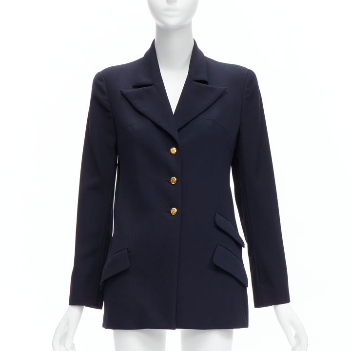 CHANEL navy gold CC buttons flap pockets military blazer jacket FR38 M