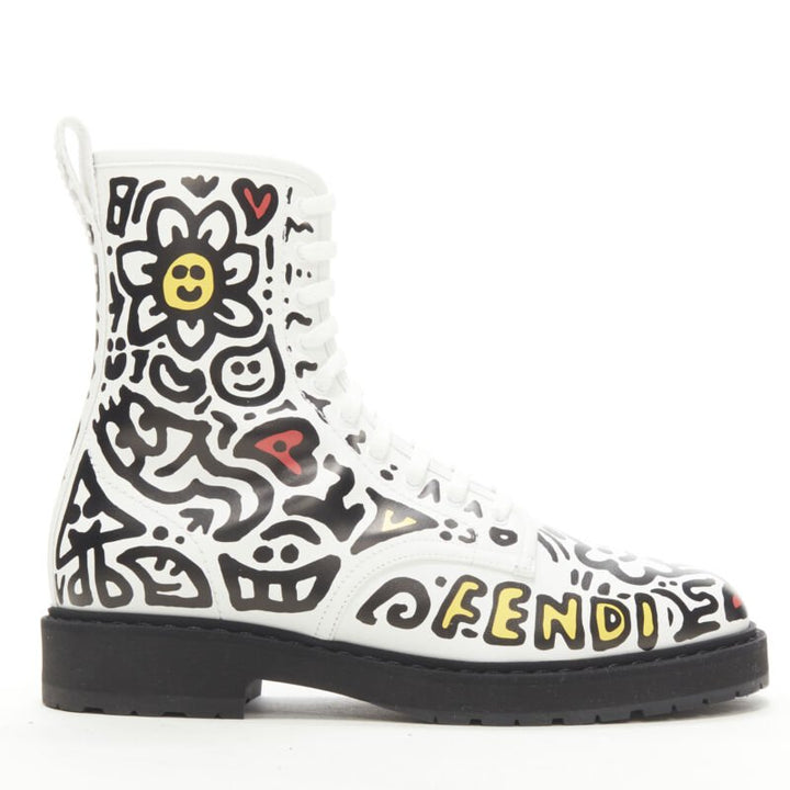 rare FENDI MR DOODLE white logo graffiti print laced combat ankle boot EU36