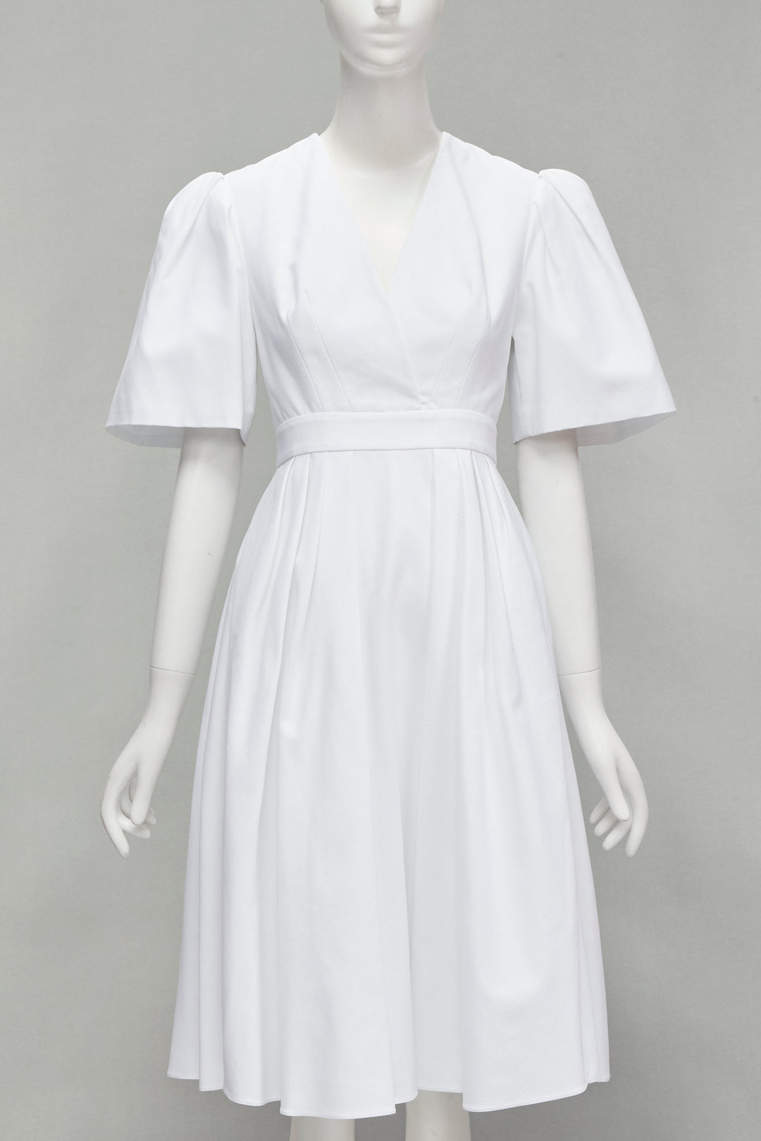 ALEXANDER MCQUEEN white structural bell sleeve V neck midi dress IT38 XS