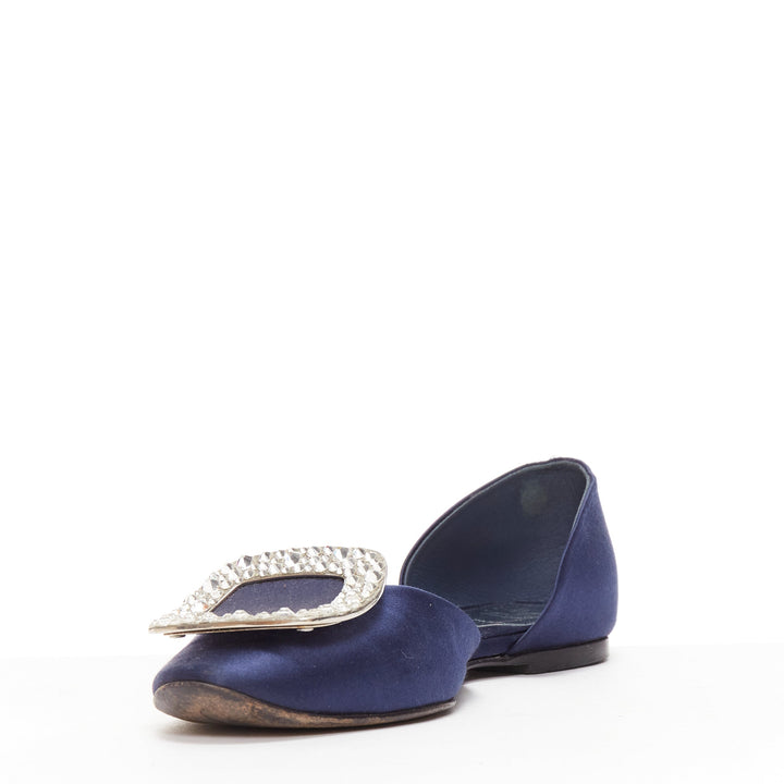 ROGER VIVIER Chips Strass navy satin crystal square buckles flat shoes EU35