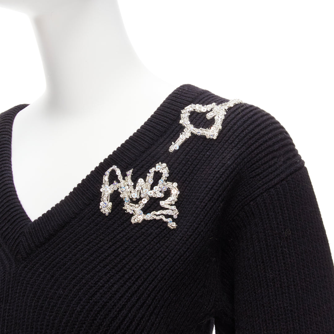 ALEXANDER MCQUEEN 2022 black logo beads embellished peplum ribbed sweater S