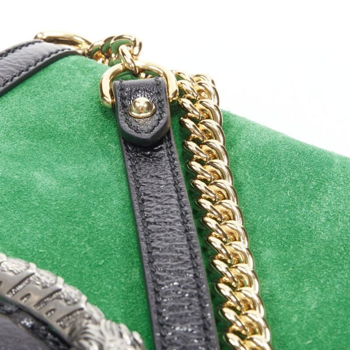 GUCCI Dionysus Kelly green suede black patent trimmed crossbody bucket bag