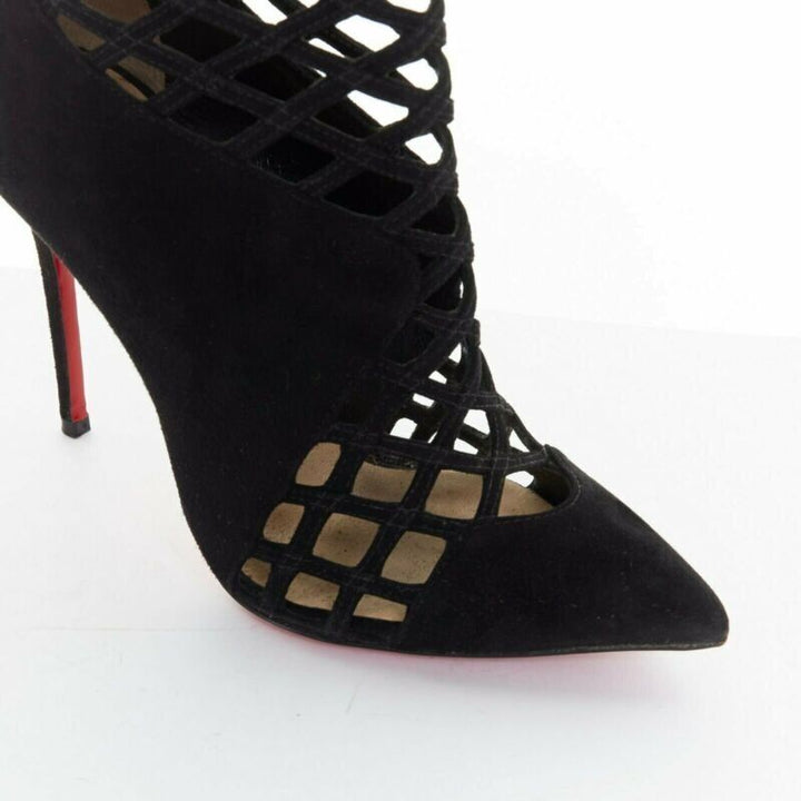 CHRISTIAN LOUBOUTIN Mrs Bouglione black suede mesh cut out pointy bootie EU35