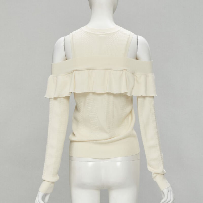 FENDI cream wool silk cashmere cold shoulder ruffle knit sweater IT44 M