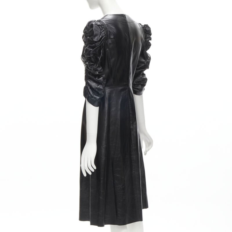 rare OLD CELINE Phoebe Philo black shiney lambskin rusched sleeve dress FR36 S