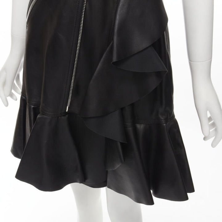 ALEXANDER MCQUEEN 2022 black leather biker belted ruffle trim dress IT38 XS