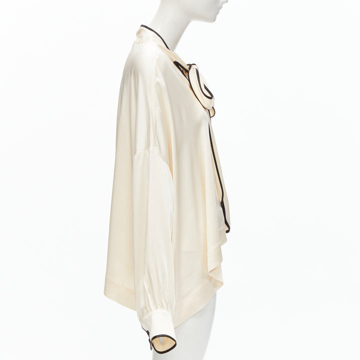 FRS FOR RESTLESS SLEEPERS cream crepe satin bow tie relaxed pajama blouse M