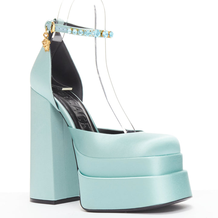 VERSACE Medusa Aevitas sky blue satin Medusa charm platform heels 37.5