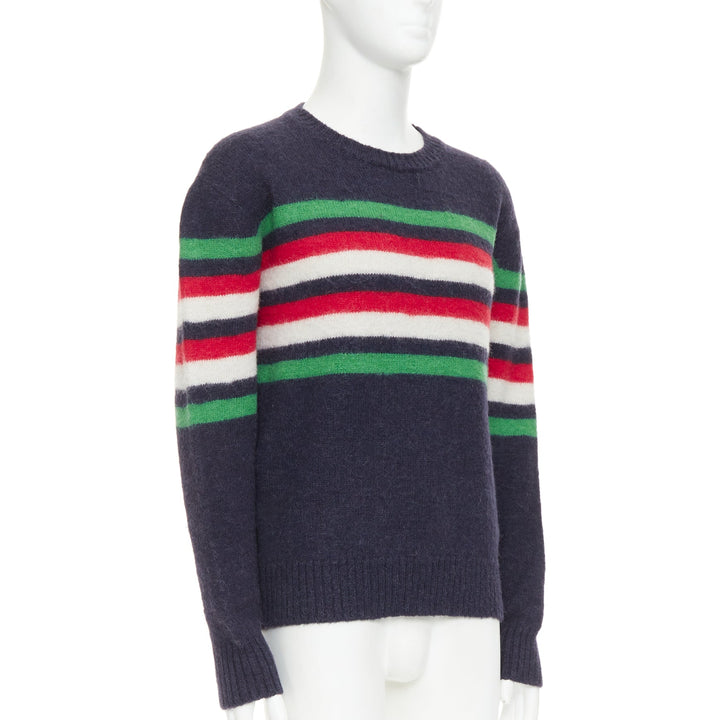 GUCCI navy green red striped embroidered logo crew sweater
