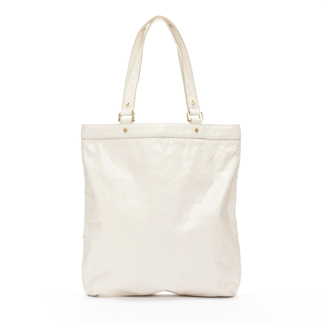 TORY BURCH white textured leather logo patch gold hardware A4 tote bag