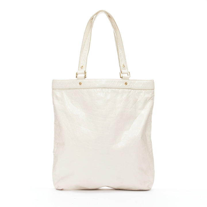 TORY BURCH white textured leather logo patch gold hardware A4 tote bag