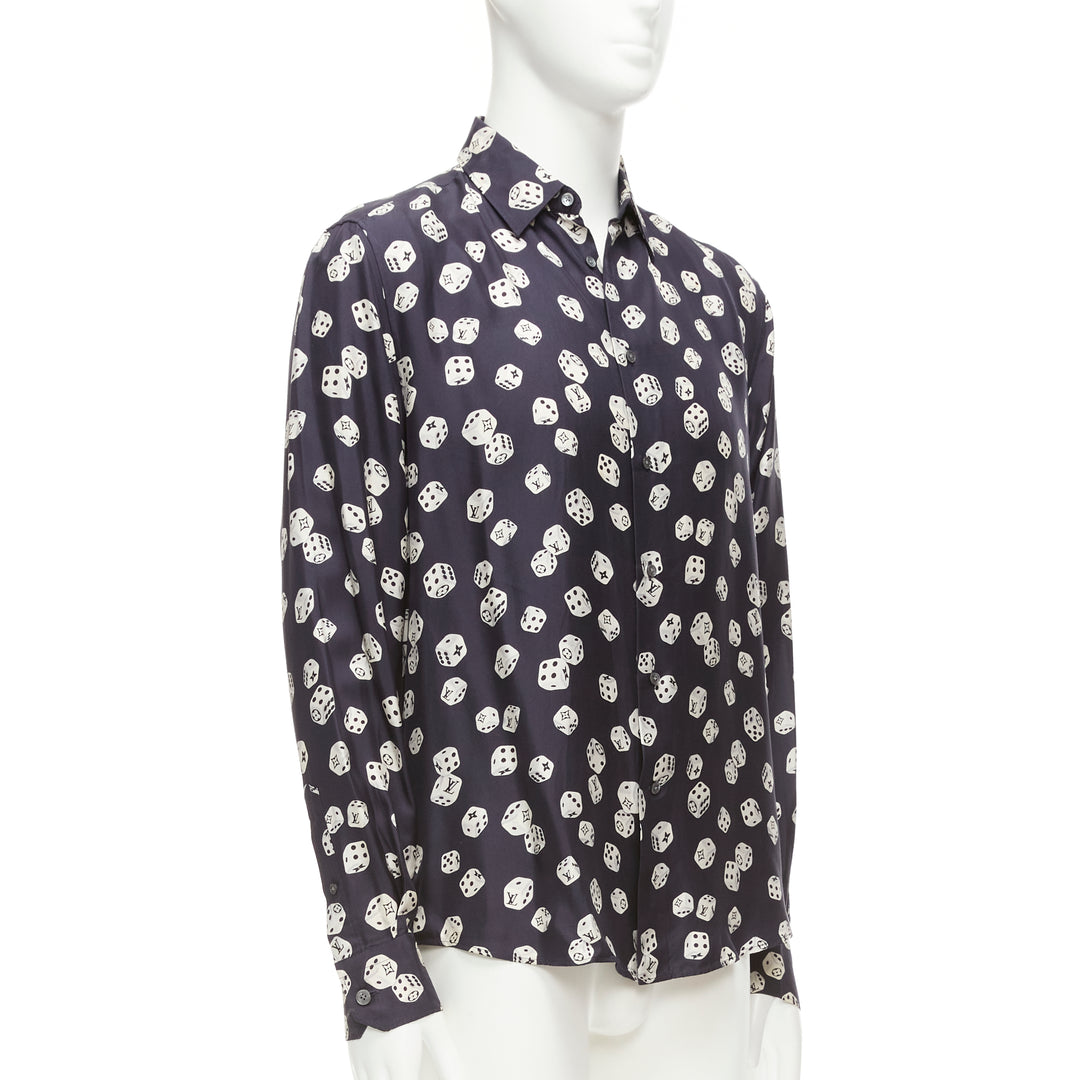 LOUIS VUITTON navy cream 100% silk LV logo dice print regular fit shirt M