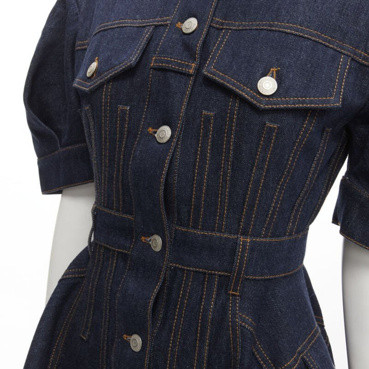 ALEXANDER MCQUEEN 2022 indigo blue denim corset rounded sleeve dress IT38 XS