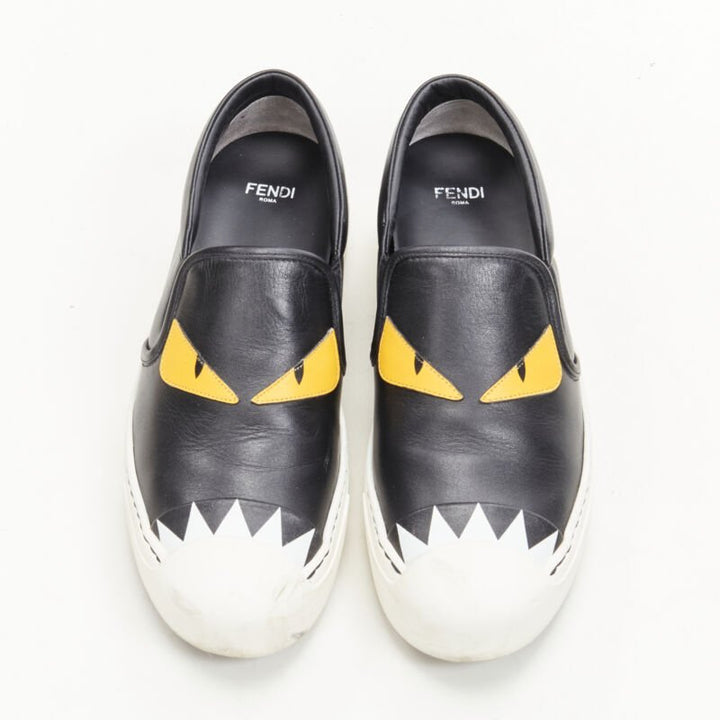 FENDI Monster Bug Eye black yellow leather slip on skate sneakers shoes EU36.5
