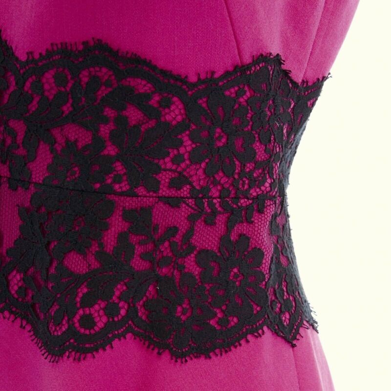 VALENTINO pink wool blend black lace trimmed waist flared skirt dress IT42 M