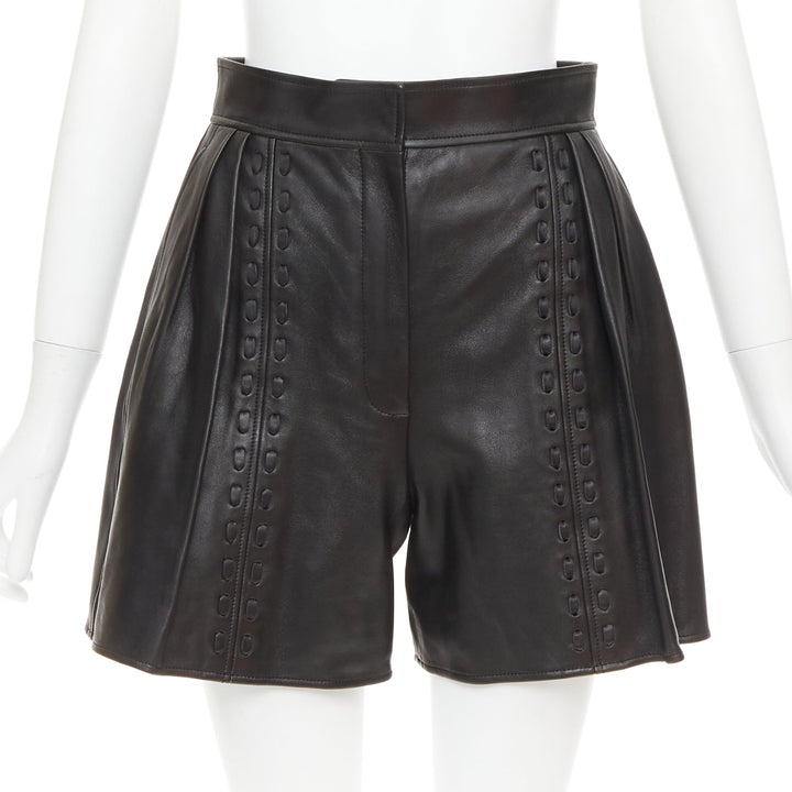 ALEXANDER MCQUEEN Sarah Burton 2021 black leather overstitch mini shorts IT38 XS