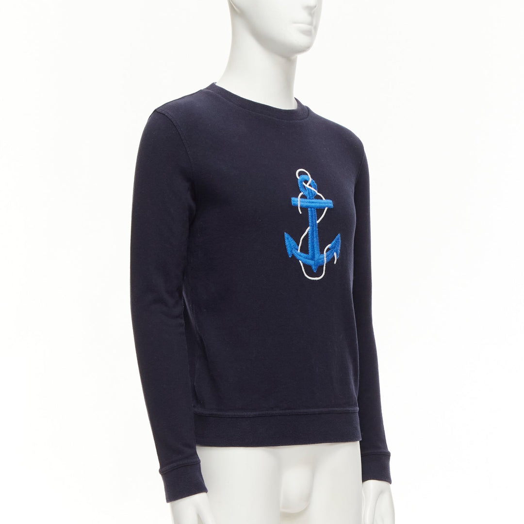 A.P.C. navy blue white anchor embroidery crew neck cotton sweatshirt US0 XS